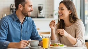 A couple sitting together and enjoying breakfast. (Generated with AI)