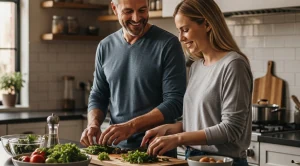 People preparing dinner for a dinner at home date. (Generated with AI)