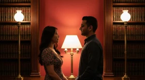 A couple looking at each other in a room with a lamps and bookshelves. (Generated with AI)
