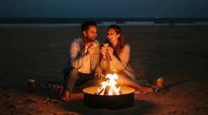 A couple sitting around a bonfire at night time in Huntington Beach. (Generated with AI)