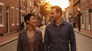 A couple strolling at sunset through historic lebanon downtown