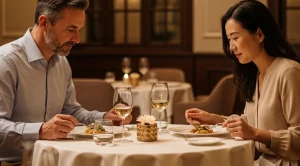 A couple enjoying dinner in a luxury restaurant. (Generated with AI)