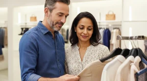 A couple is watching clothes while shopping. (Generated with AI)