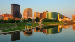 City skyline of Dayton with river view.