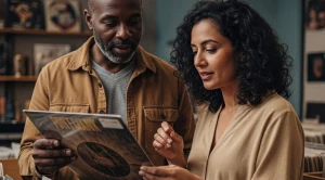 A couple looking at records in a record shop. (Generated with AI)