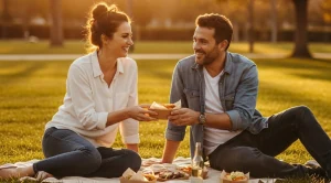 People sharing snacks in a park on a bicnic blanket.
