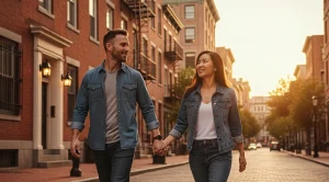 A couple walking hand in hand through streets with local brownstones houses in Jersey City.  (Generated with AI)