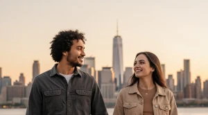 A couple walking hand in hand at the hudson river in Jersey City.  (Generated with AI)