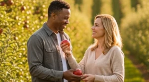 A couple picking apples on a farm.  (Generated with AI)
