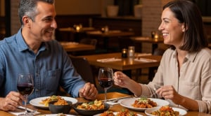 A couple enjoying mexican tapas in restaurant on a date. (Generated with AI)