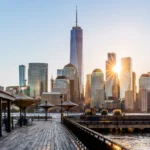 Skyline of Jersey City with river view.