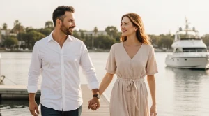 A couple strolling hand in hand at a yacht club, next to the water. (Generated with AI)
