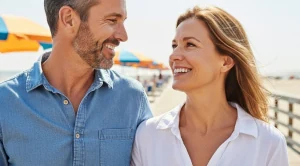 Couple smiling at each other on the Myrtle Beach Boardwalk (Generated with AI)
